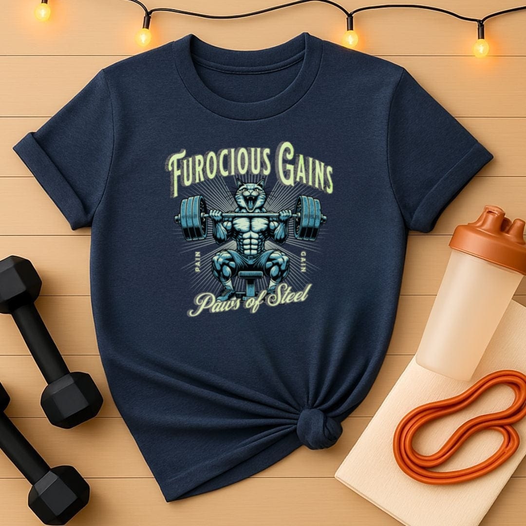 Furocious Gains Paws of Steel Cat Lifting Weights T-Shirt