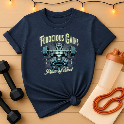 Furocious Gains Paws of Steel Cat Lifting Weights T-Shirt