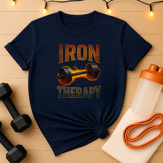 Iron Therapy – Flaming Barbell Edition Strength Training Tee