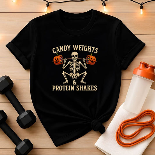 Candy Weights & Protein Shakes - Funny Halloween Gym Skeleton Tee
