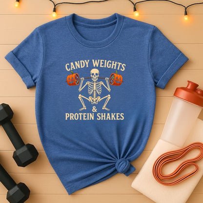 Candy Weights & Protein Shakes - Funny Halloween Gym Skeleton Tee