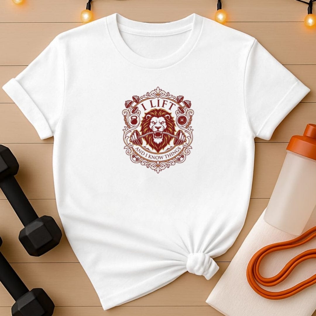 I Lift and I Know Things T-Shirt - (Lion Gym Crest Edition)