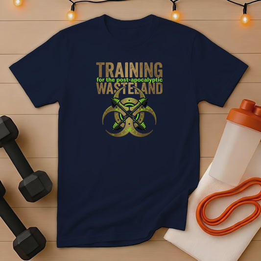 Navy t-shirt with "Training for the post-apocalyptic wasteland" and biohazard symbol.