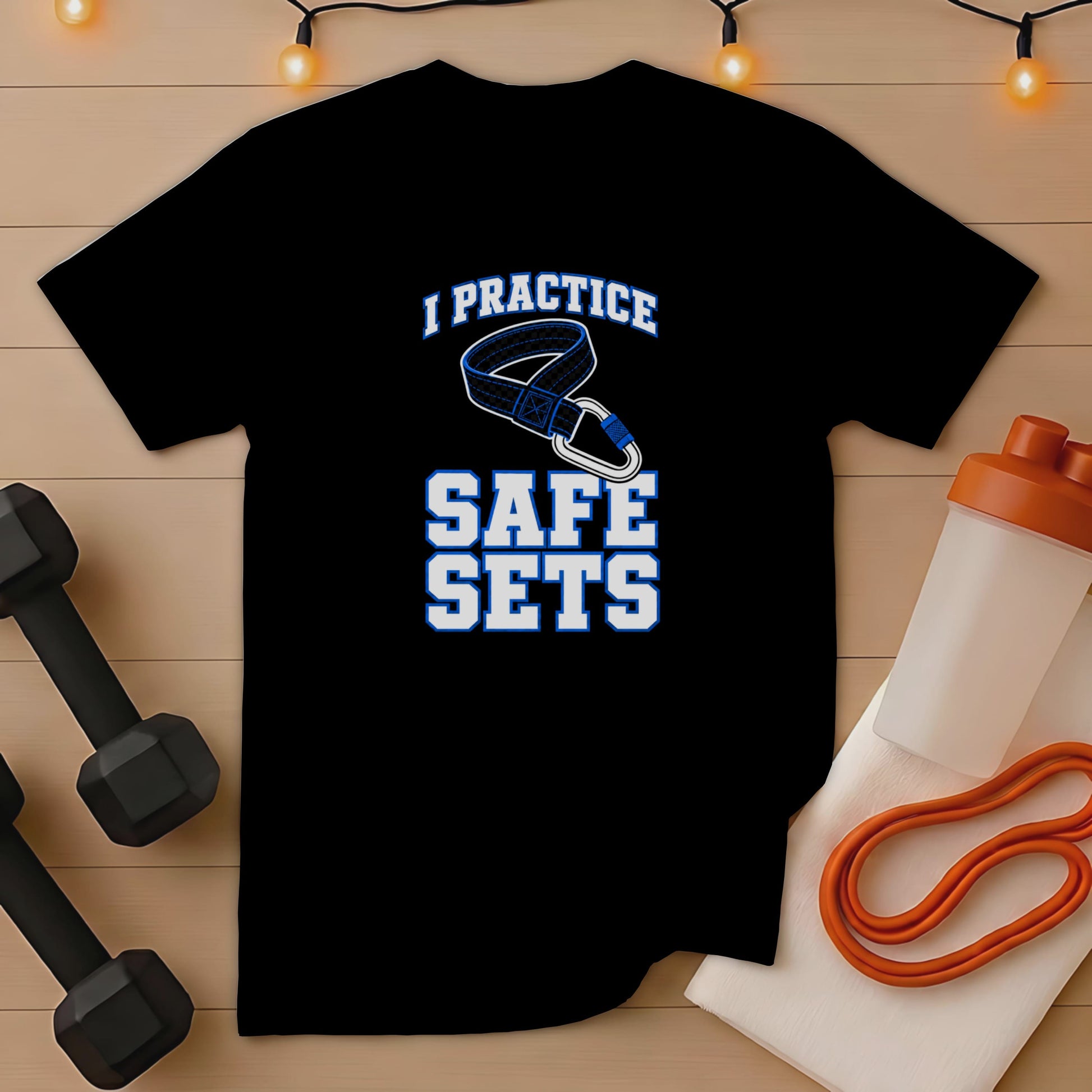 Black t-shirt with "I PRACTICE SAFE SETS" text and weightlifting belt graphic.
