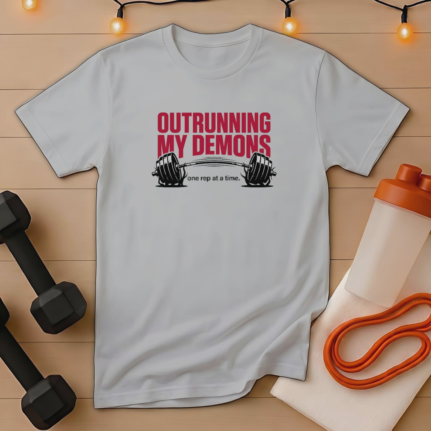 Grey t-shirt with "Outrunning My Demons" text and barbell graphic.
