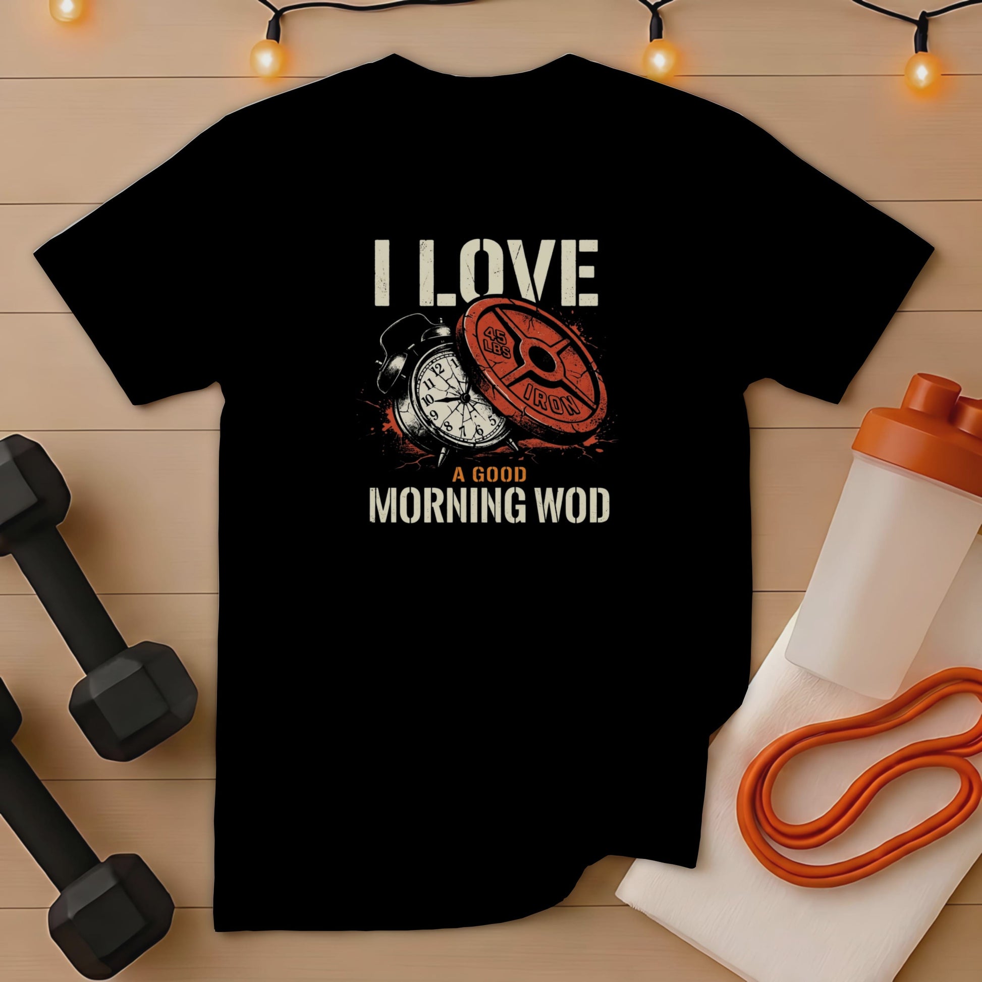 Black t-shirt with "I Love A Good Morning Wod" text, alarm, and weight plate.