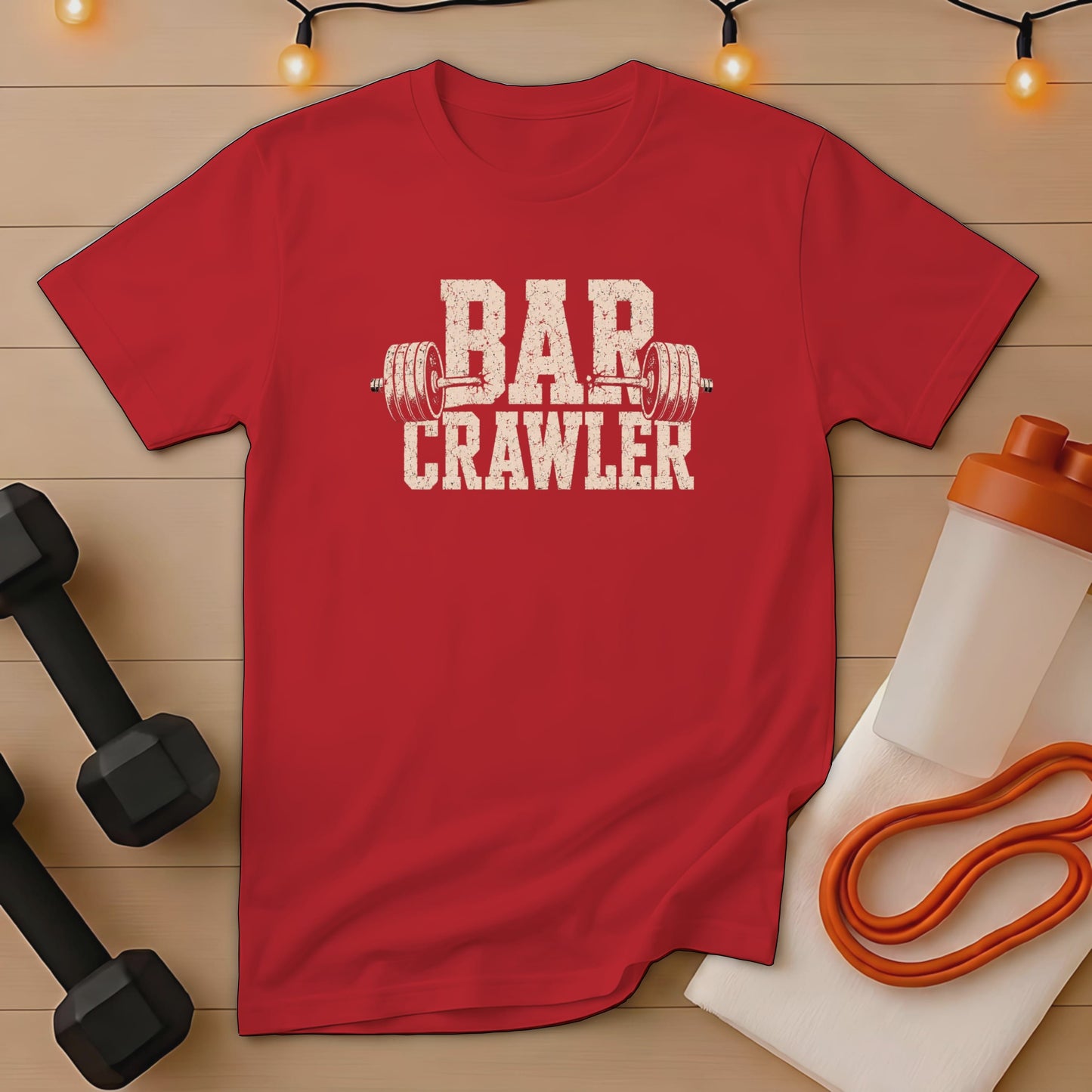 Red t-shirt with "Bar Crawler" text and barbell graphic.