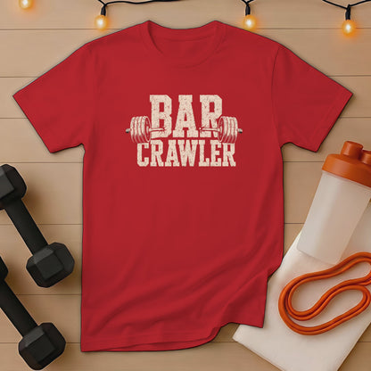 Red t-shirt with "Bar Crawler" text and barbell graphic.