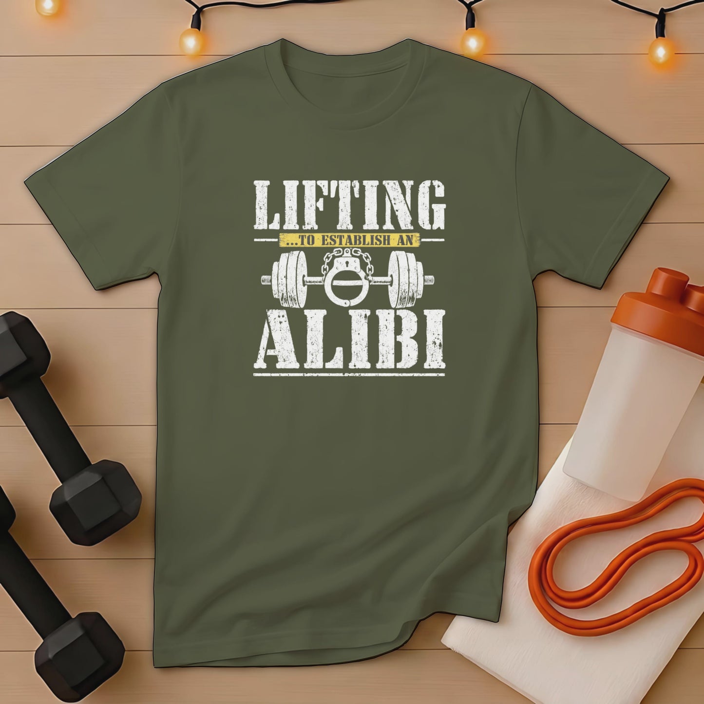 Green t-shirt with distressed text "LIFTING...TO ESTABLISH AN ALIBI" and barbell handcuffs graphic.