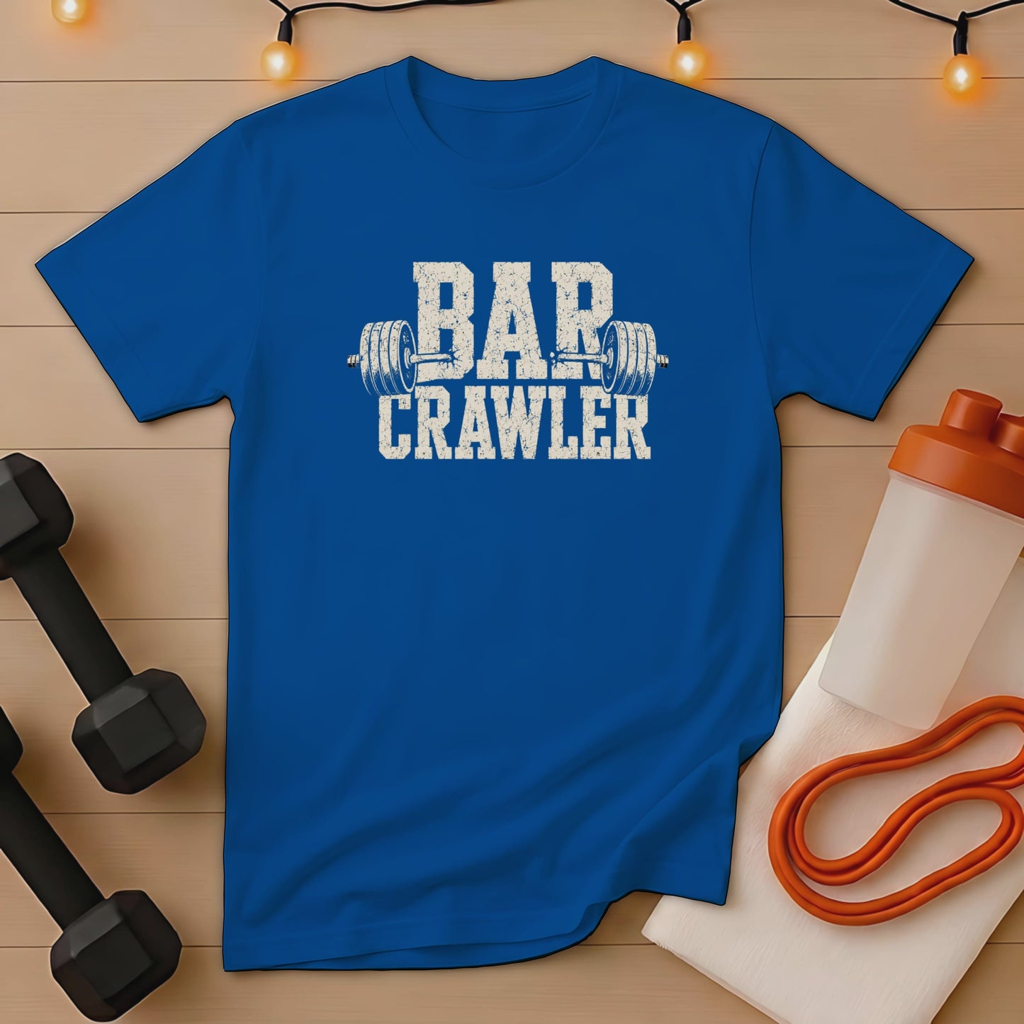 Blue t-shirt with "BAR CRAWLER" text and barbell graphic.