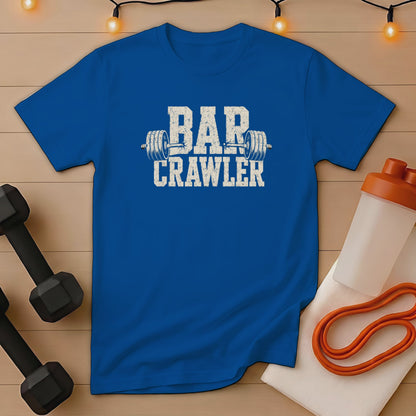 Blue t-shirt with "BAR CRAWLER" text and barbell graphic.