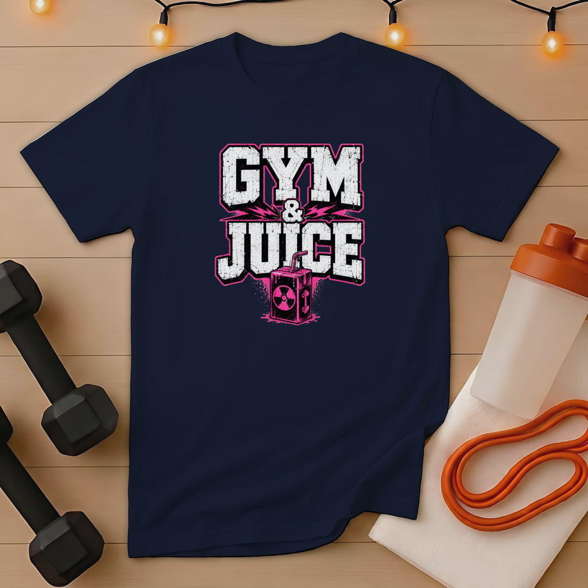 Navy t-shirt with "GYM & JUICE" text and a cartoon juice box.