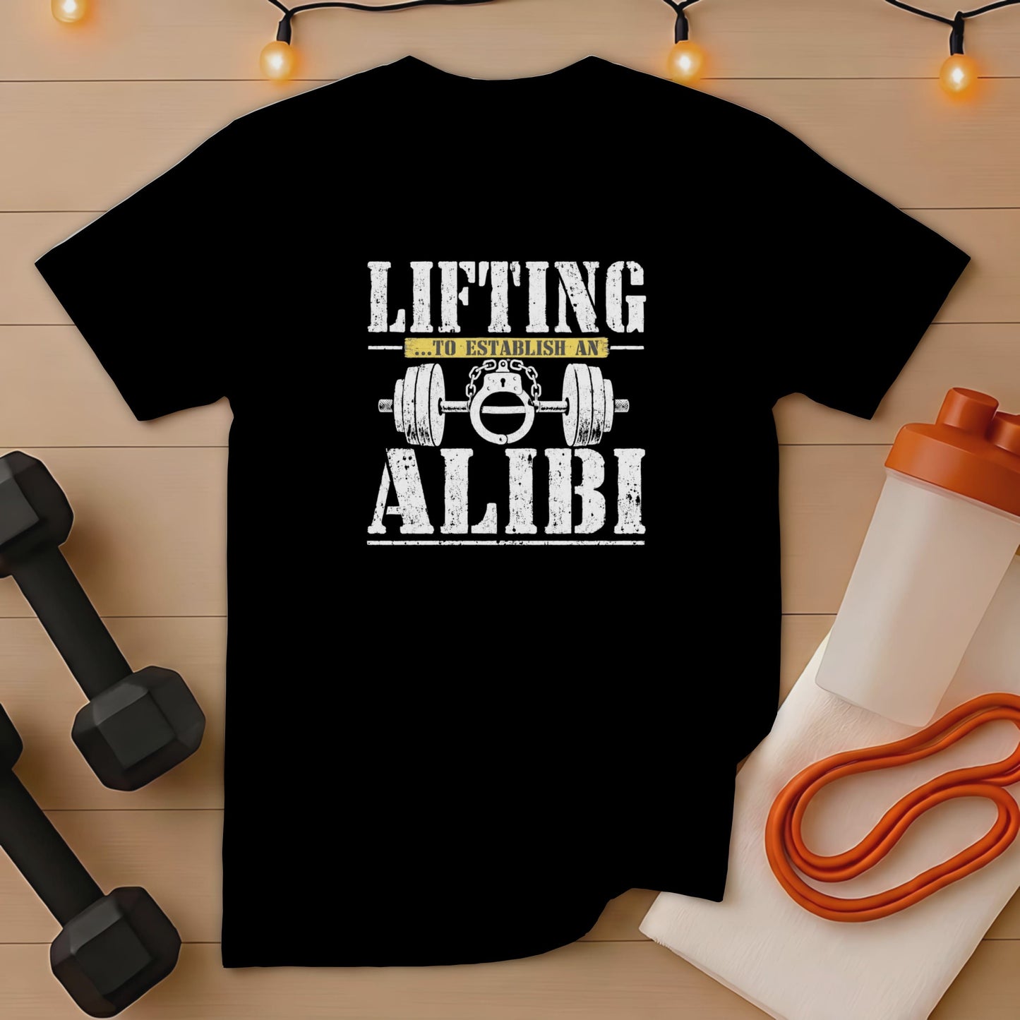 Black t-shirt with distressed white text: LIFTING ...TO ESTABLISH AN ALIBI and barbell.