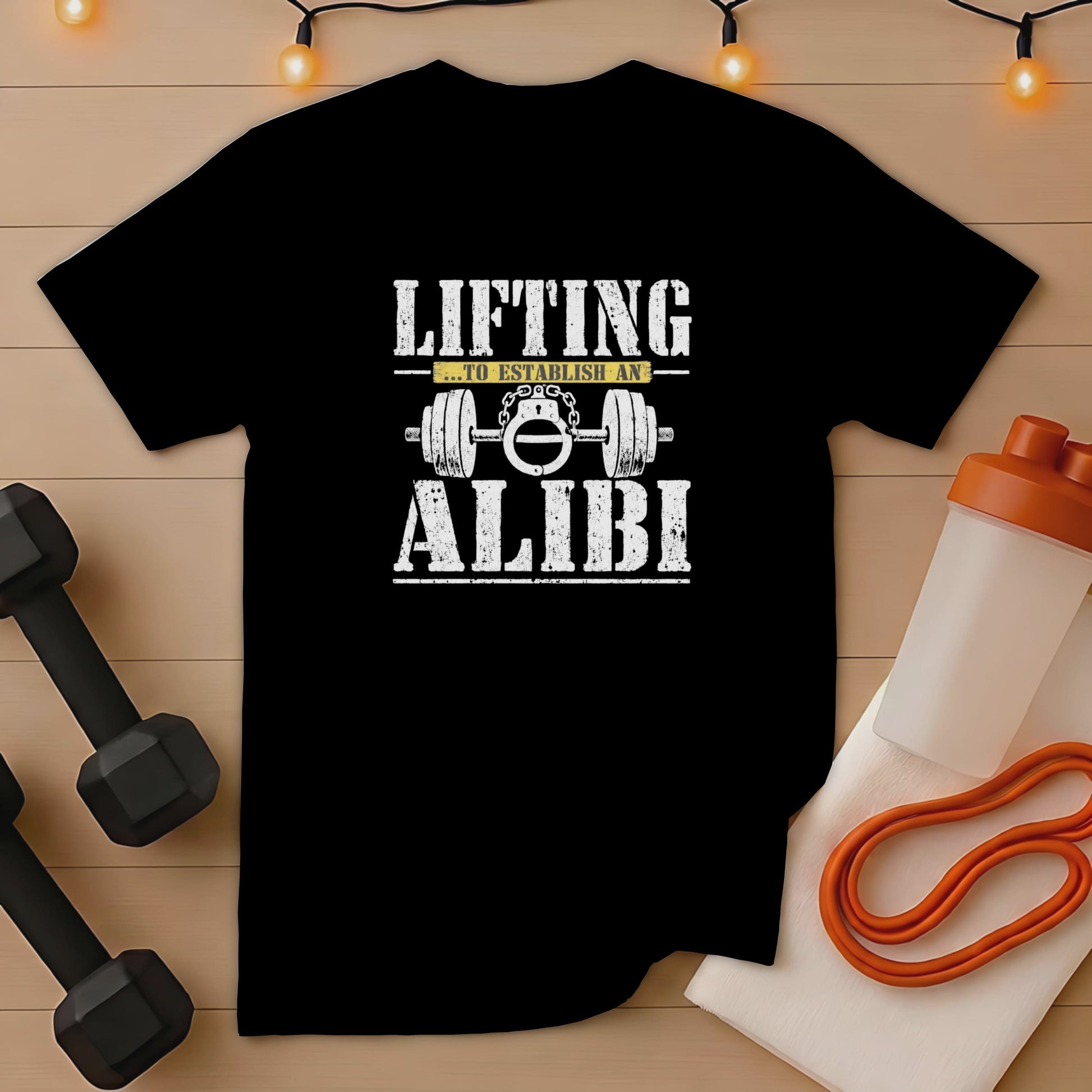 Black t-shirt with distressed white text: LIFTING ...TO ESTABLISH AN ALIBI and barbell.