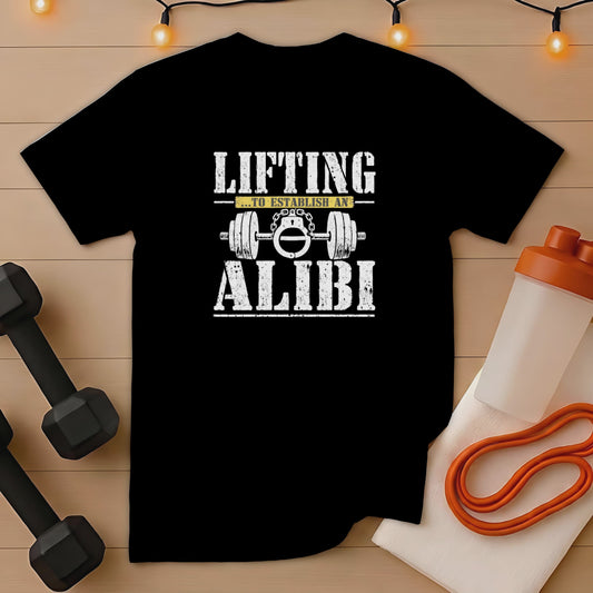 Black t-shirt with distressed white text: LIFTING ...TO ESTABLISH AN ALIBI and barbell.
