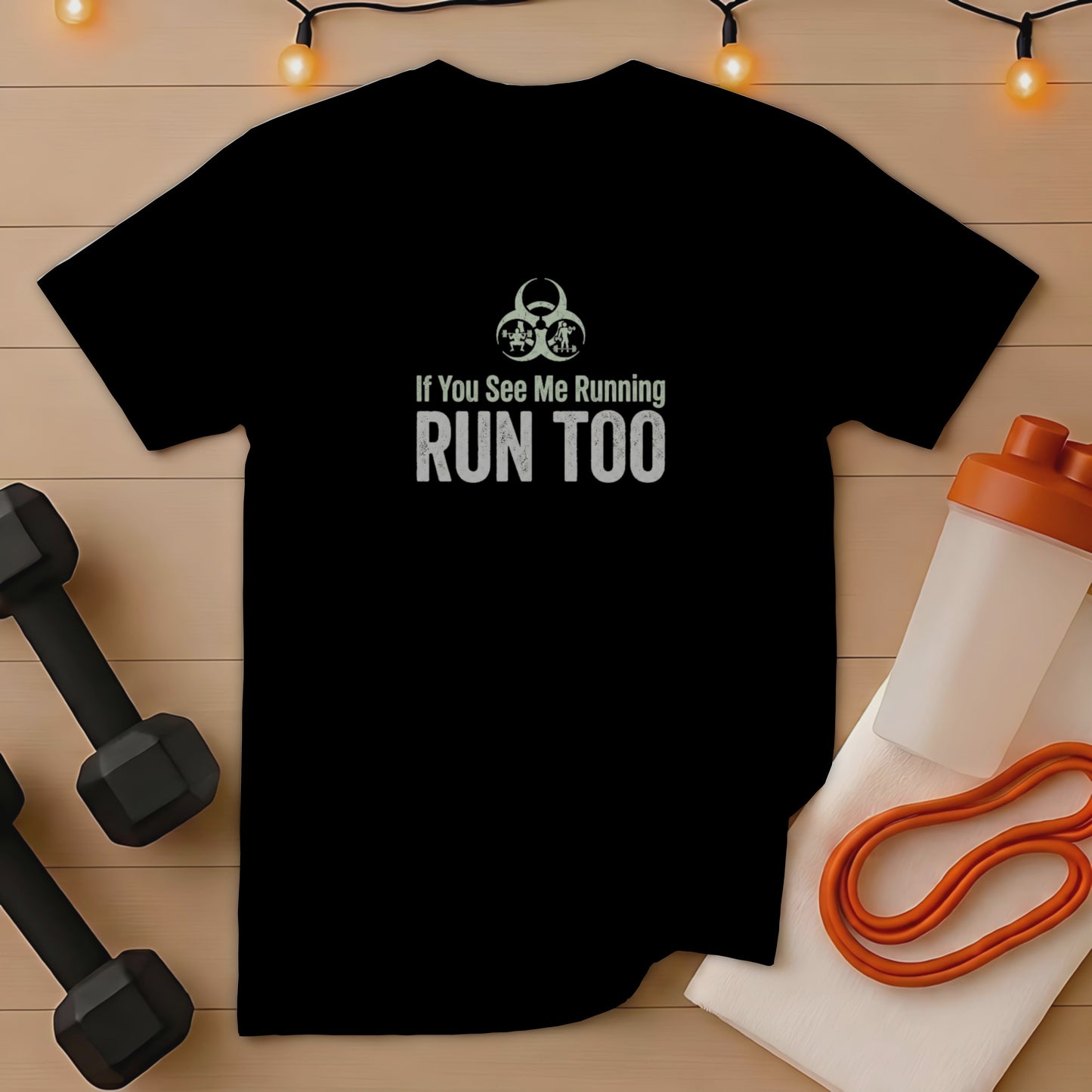 Black t-shirt with "If You See Me Running RUN TOO" text and graphics.