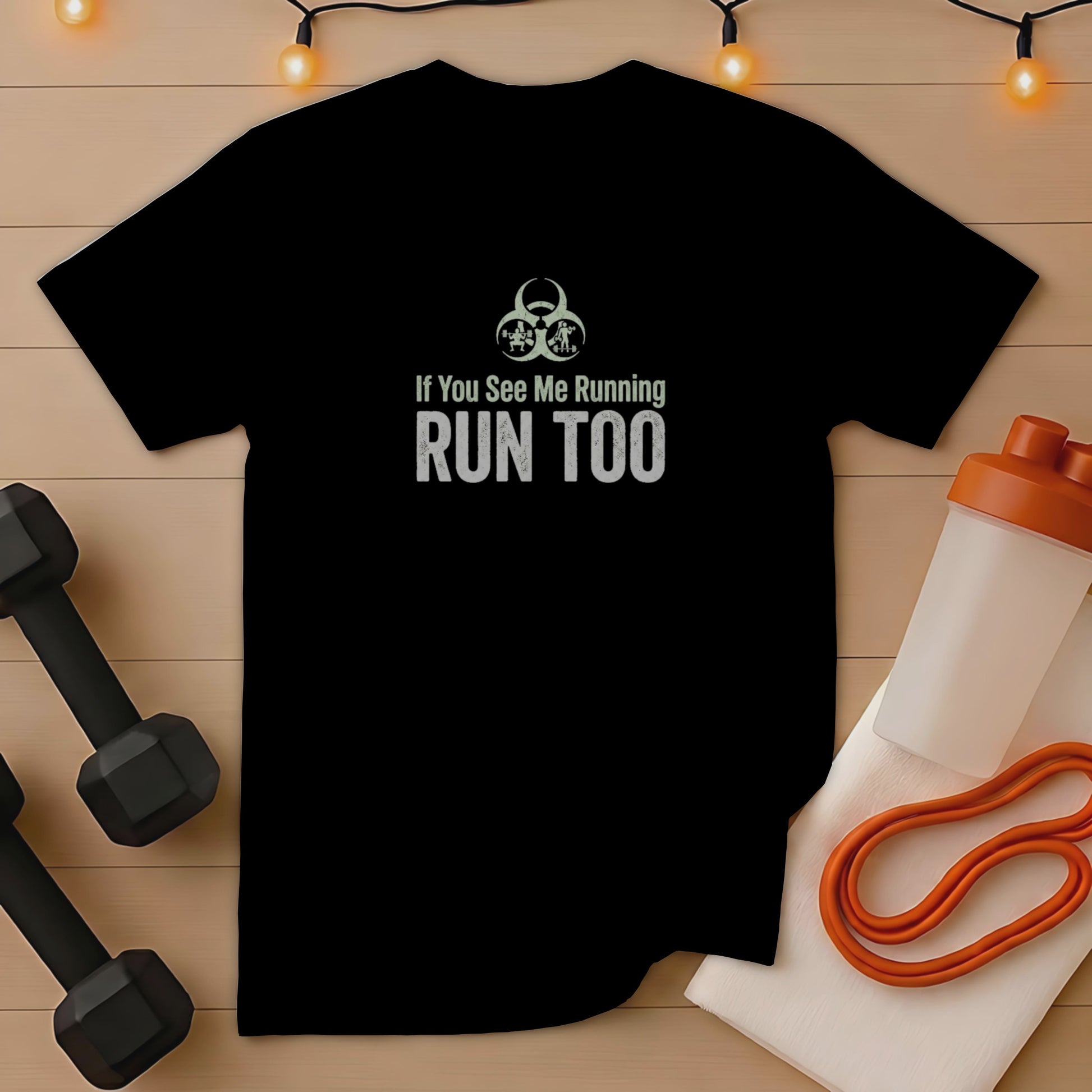 Black t-shirt with "If You See Me Running RUN TOO" text and graphics.