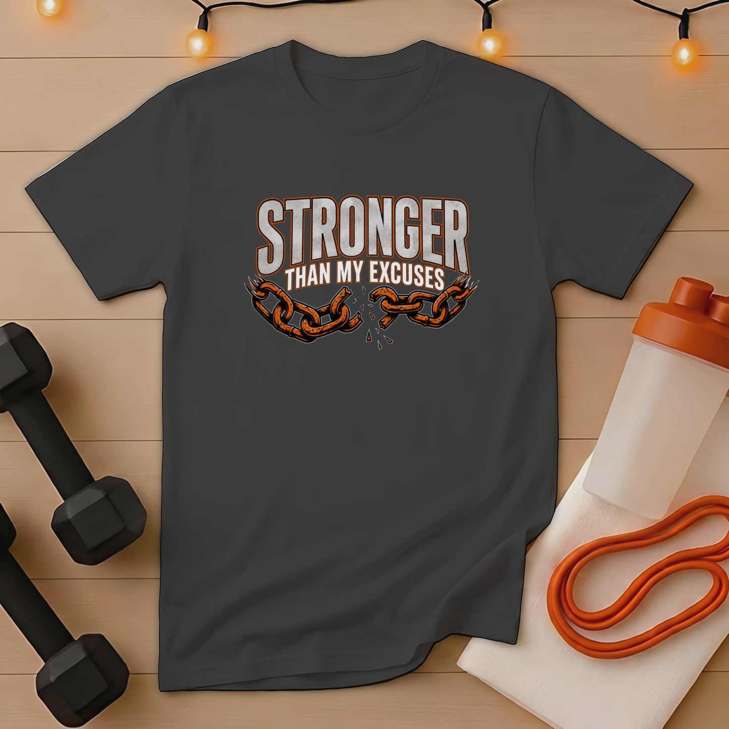 Dark grey t-shirt with "Stronger Than My Excuses" text and broken chain graphic.