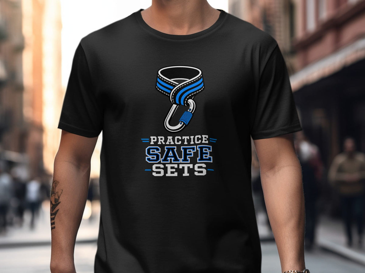 Black t-shirt features a carabiner with blue and white stripes and the text "PRACTICE SAFE SETS".