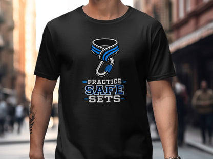 Black t-shirt features a carabiner with blue and white stripes and the text "PRACTICE SAFE SETS".