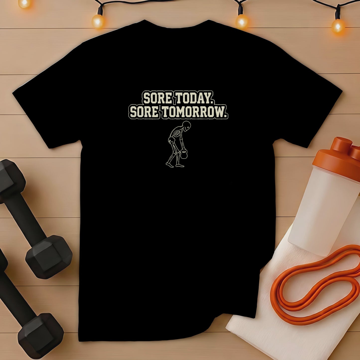 Black t-shirt with white text and skeleton graphic: "Sore Today, Sore Tomorrow."