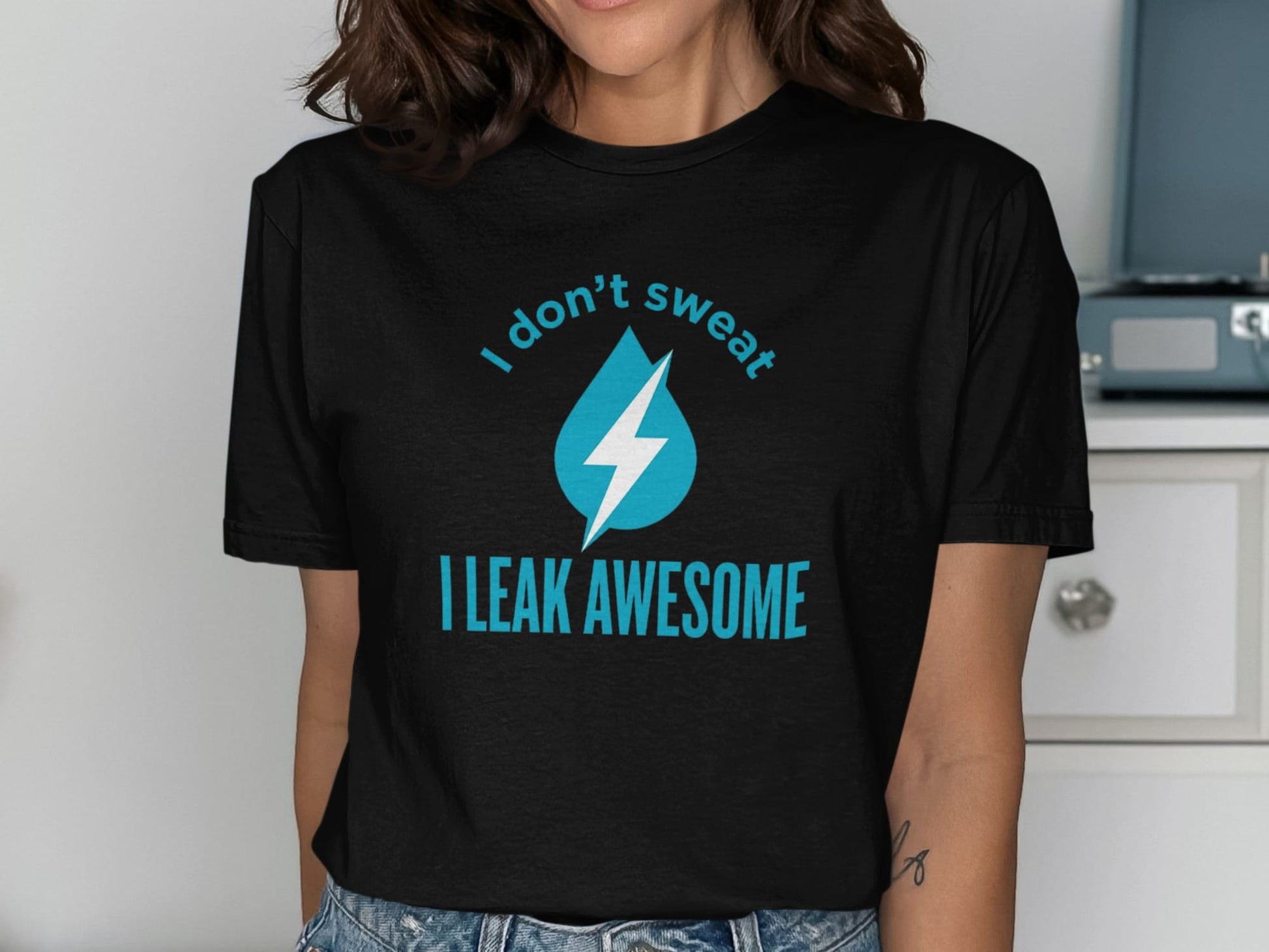 Black t-shirt with a blue water drop and lightning bolt graphic and text.