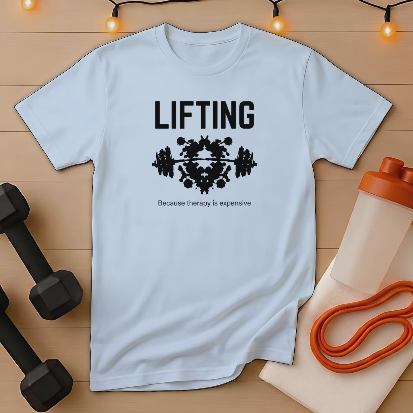 White t-shirt with "LIFTING Because therapy is expensive" text and barbell graphic.
