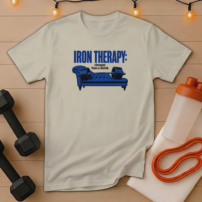 T-shirt with blue text and couch illustration, "Iron Therapy: cheaper than a shrink."
