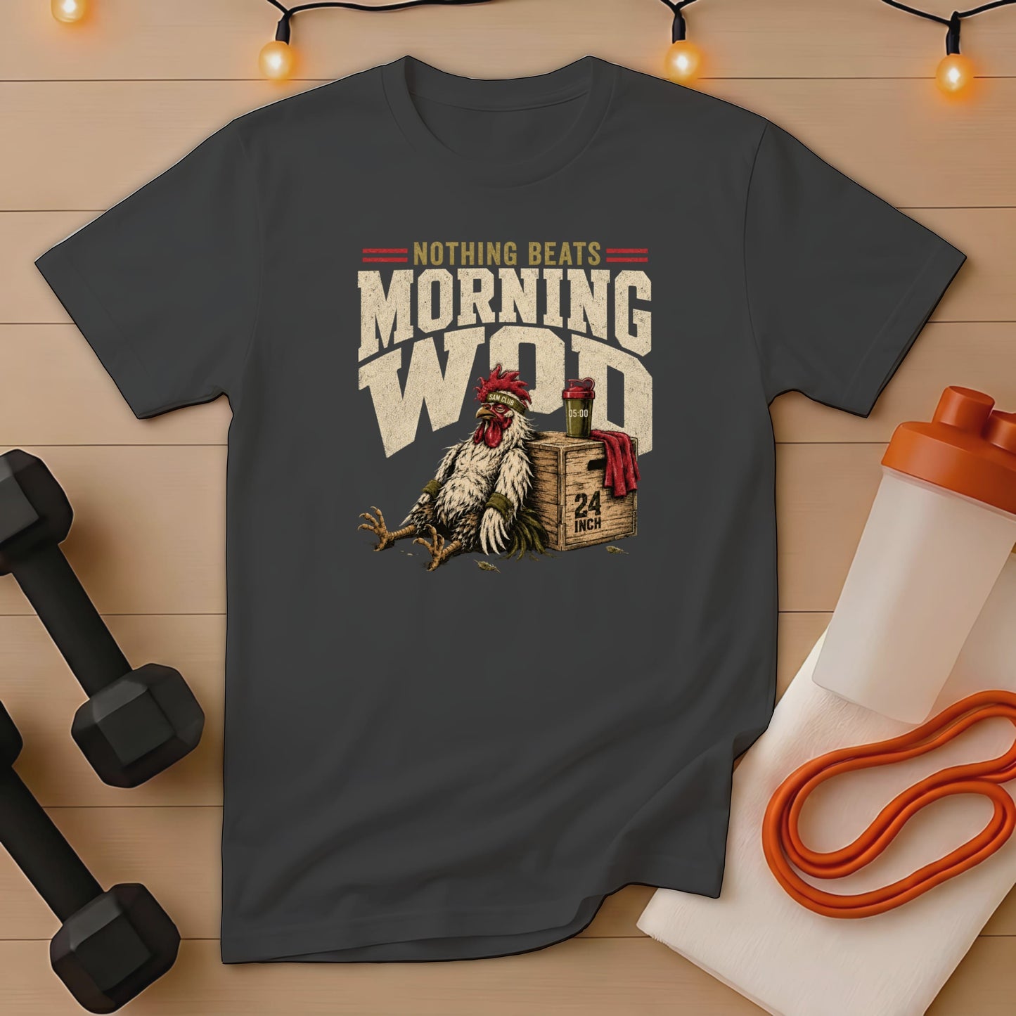 T-shirt with cartoon rooster and text "Nothing Beats Morning WOD" and workout box.