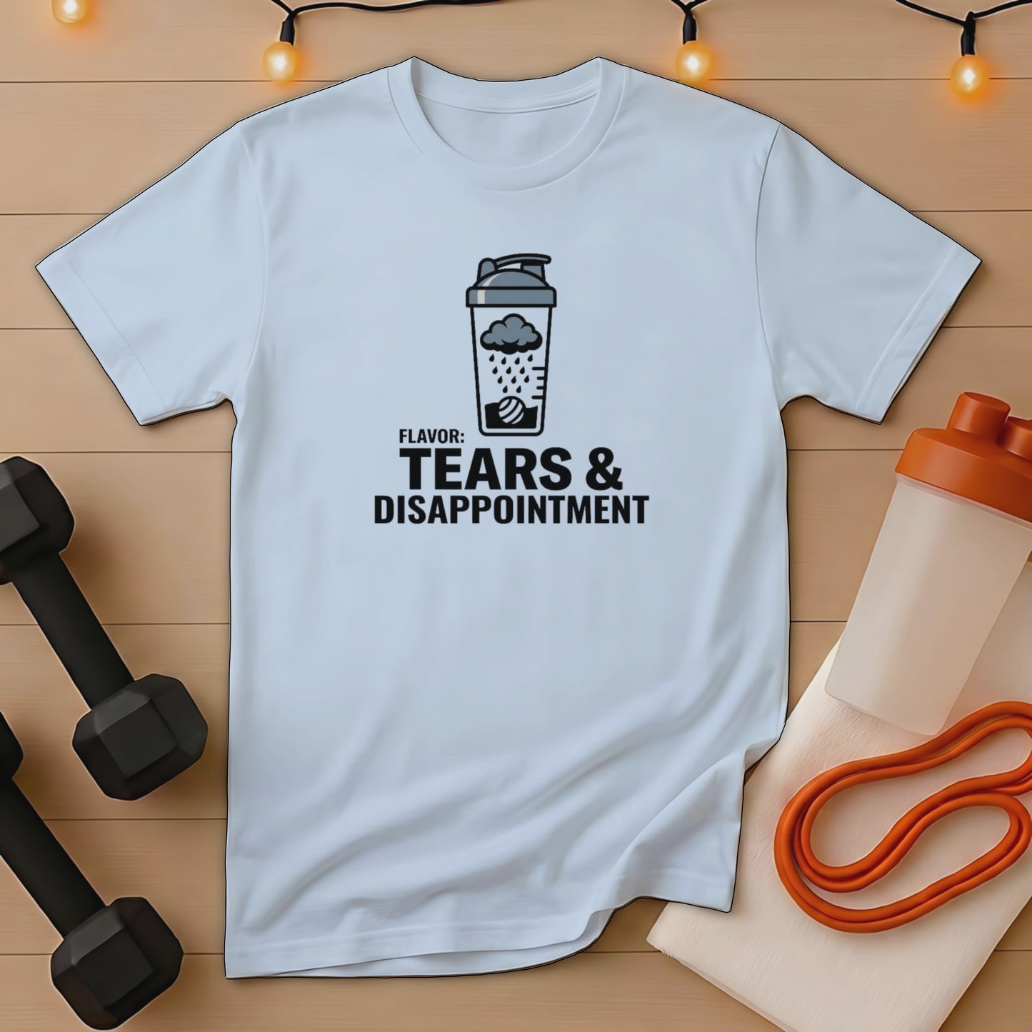 White t-shirt with "Flavor: Tears & Disappointment" text and a rain cloud shaker graphic.