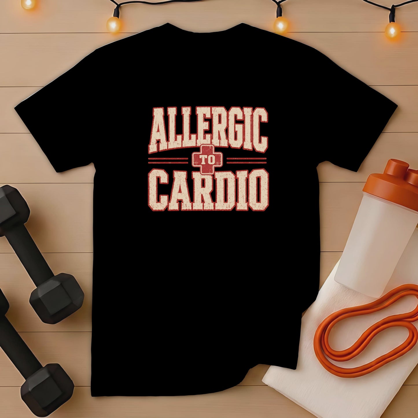 Black t-shirt with "Allergic to Cardio" text and gym accessories.