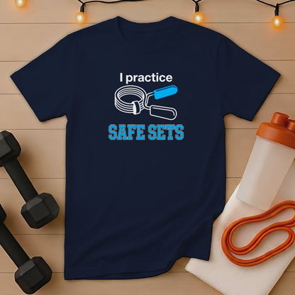 Navy t-shirt with "I practice SAFE SETS" text and weightlifting accessories.