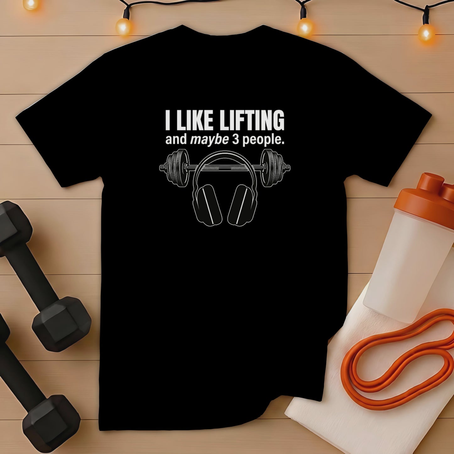 Black t-shirt with headphones graphic and "I like lifting and maybe 3 people" text.