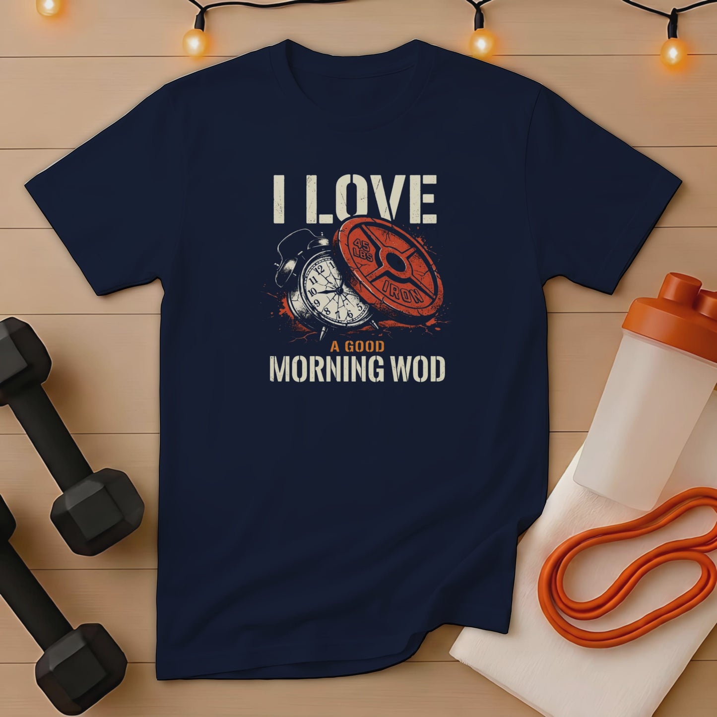 Navy t-shirt with "I LOVE A GOOD MORNING WOD" text and workout graphics.
