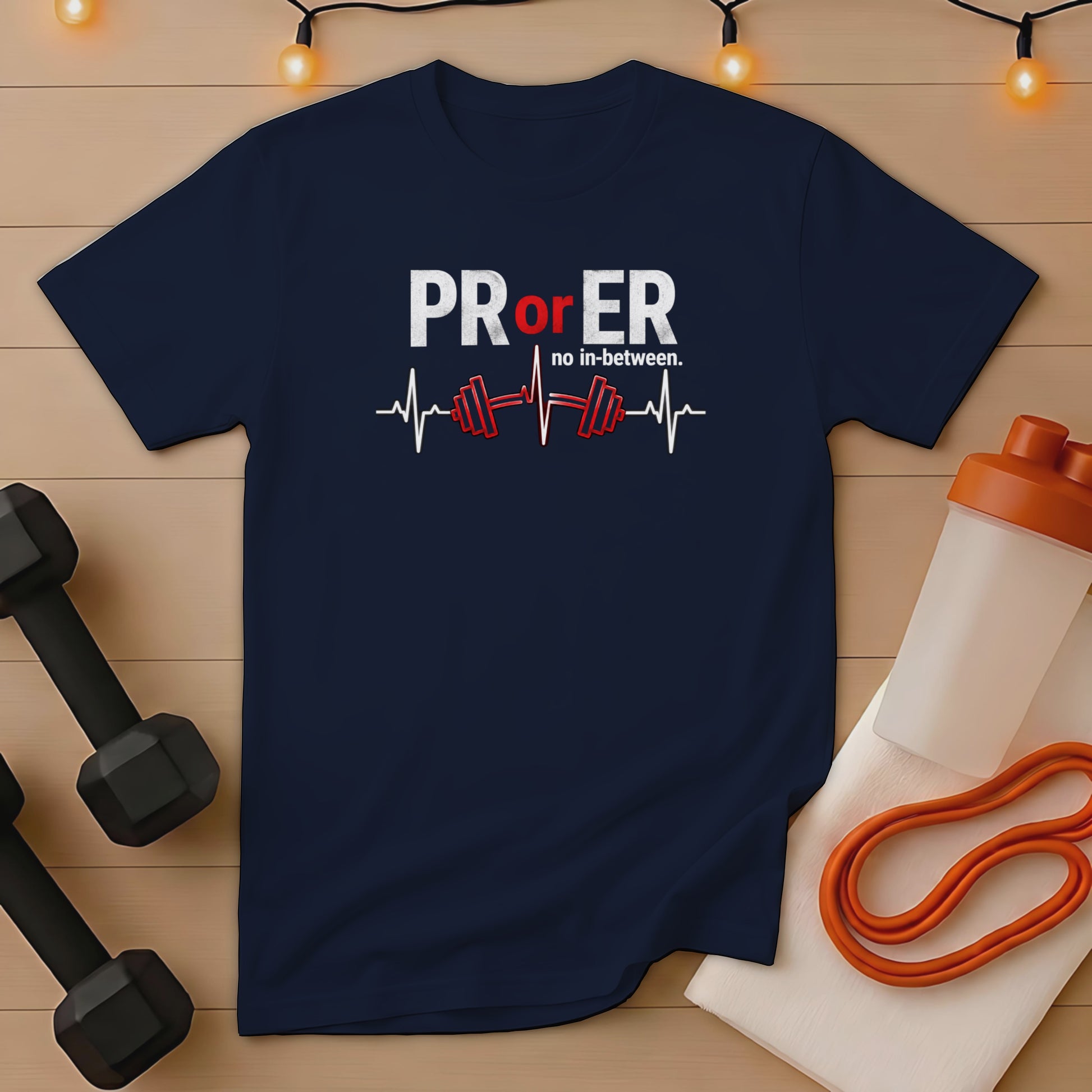 Navy t-shirt with "PR or no in-between." and a heartbeat EKG barbell.