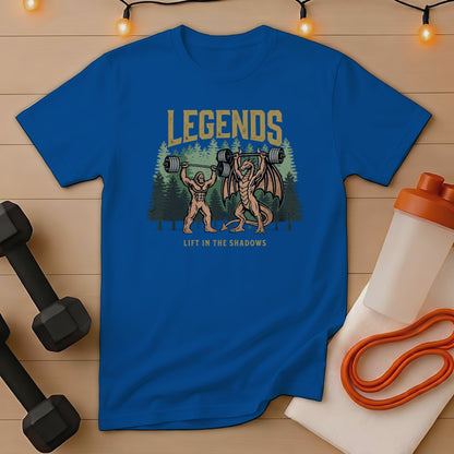 Blue t-shirt with dragon and weightlifter graphic, "Legends Lift in the Shadows" text.