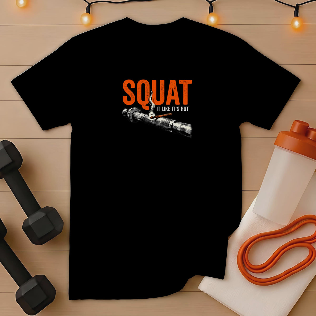 Black t-shirt with orange "SQUAT IT LIKE IT'S HOT" text and barbell graphic.
