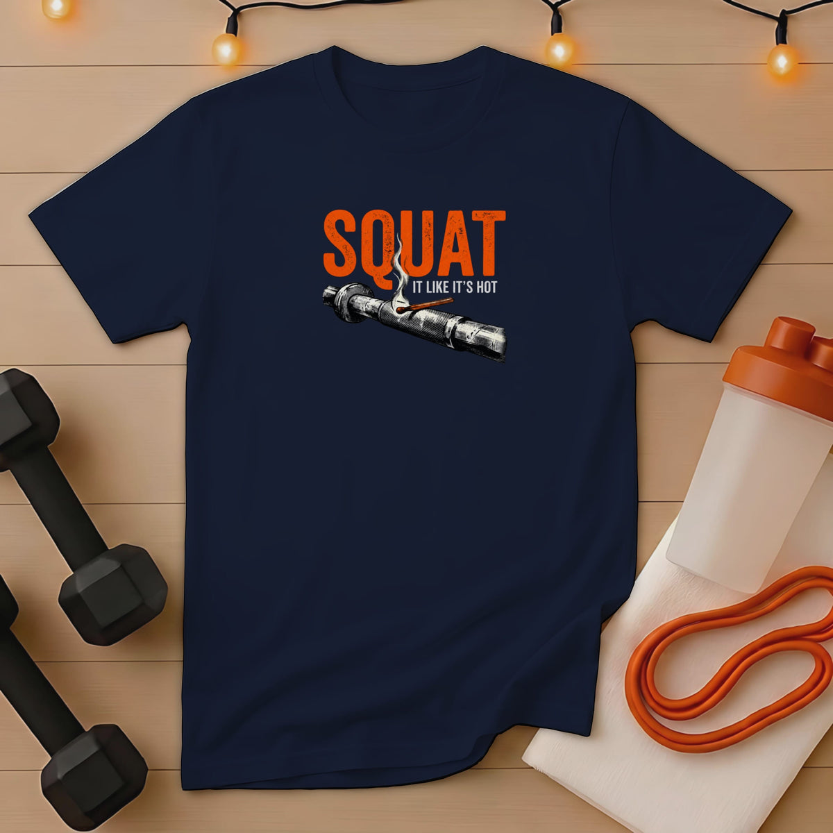 Navy t-shirt with orange graphics: "SQUAT IT LIKE IT'S HOT" and a lit match on a barbell.
