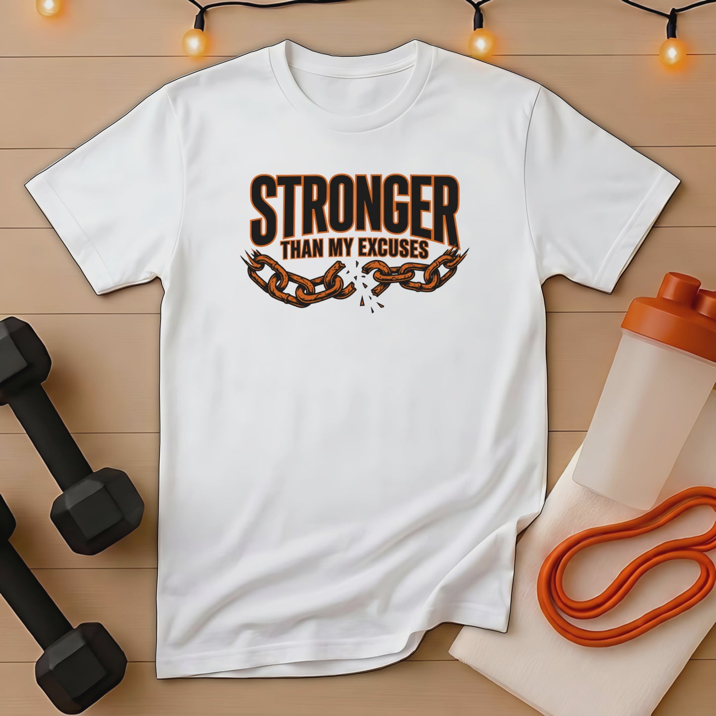 White t-shirt with "STRONGER THAN MY EXCUSES" text and broken chain graphic.