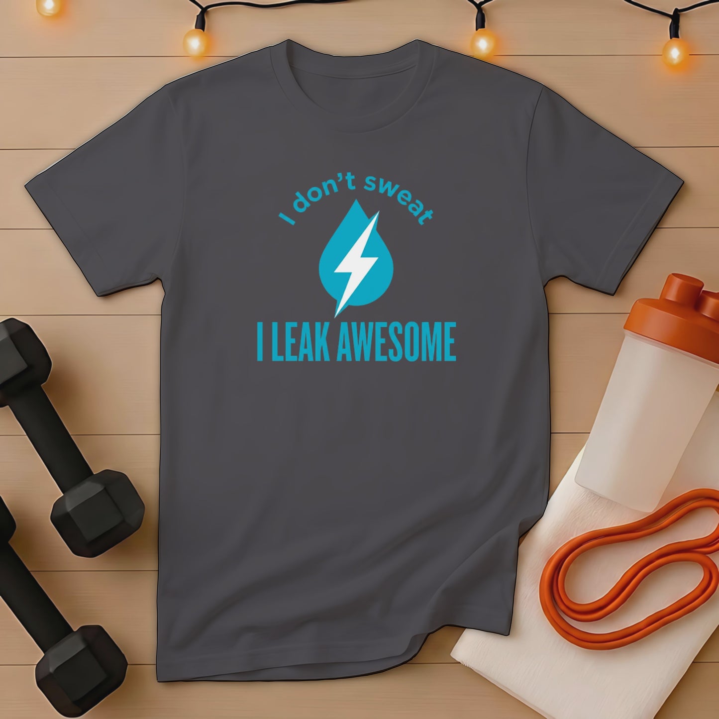 Gray t-shirt with blue water drop and lightning bolt graphic and text "I don't sweat I leak awesome".