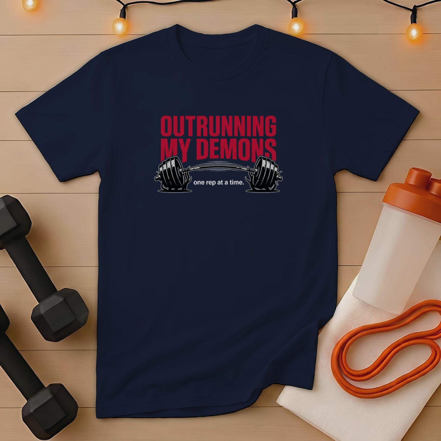 Navy t-shirt with "Outrunning My Demons" text and barbell graphic.