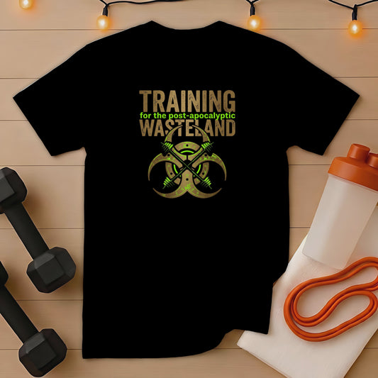 Black t-shirt with "Training for the post-apocalyptic wasteland" text and biohazard symbol.