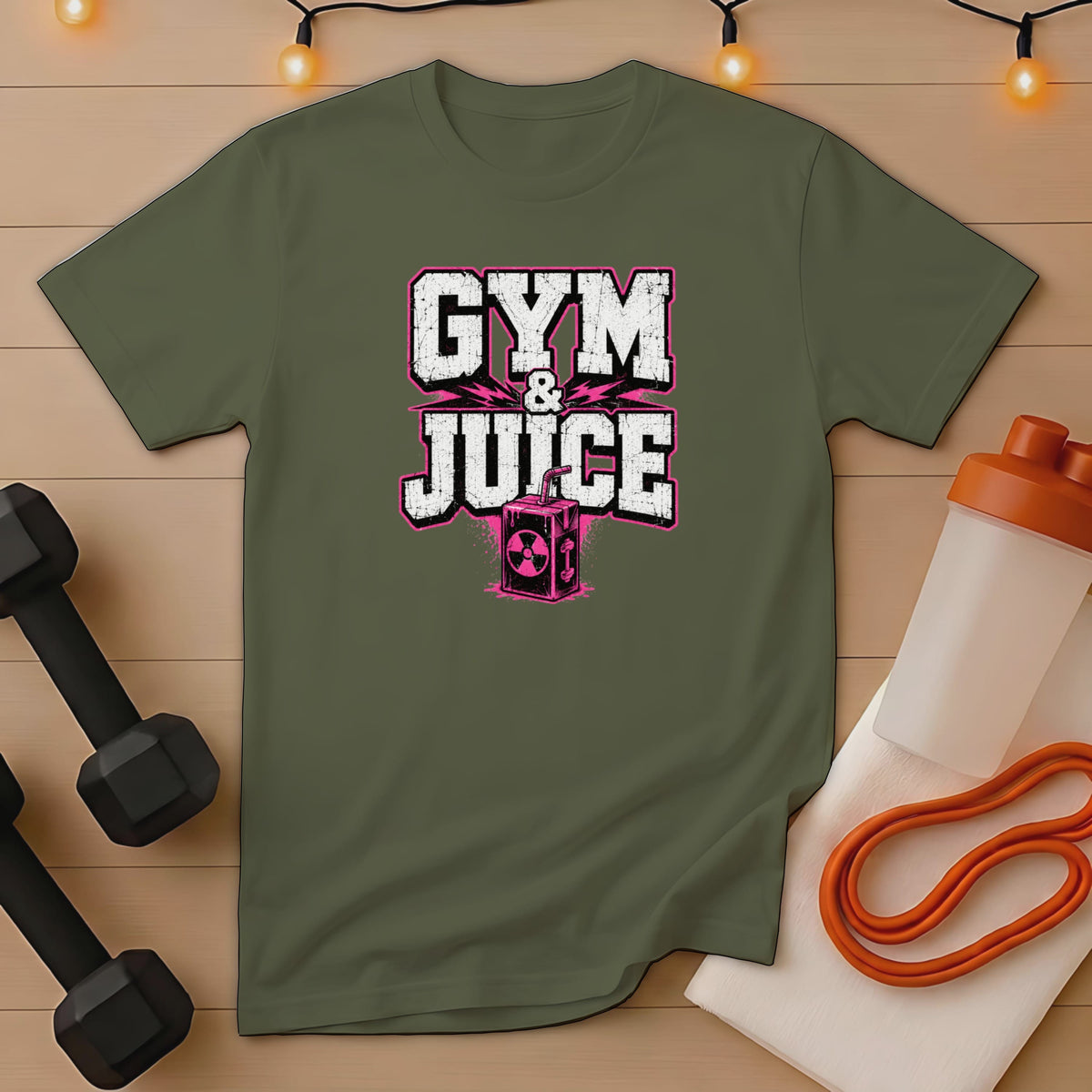 Olive green t-shirt with "Gym & Juice" text and a juice box graphic.