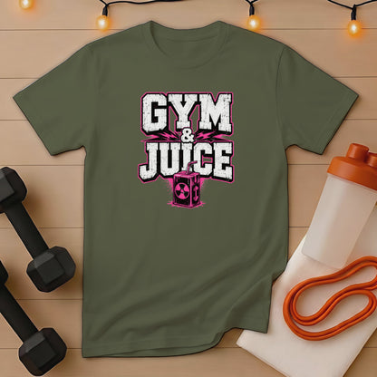 Olive green t-shirt with "Gym & Juice" text and a juice box graphic.