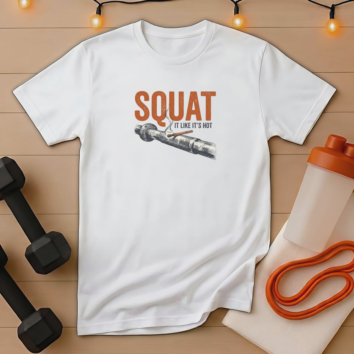 White t-shirt with "SQUAT IT LIKE IT'S HOT" text and barbell graphic.