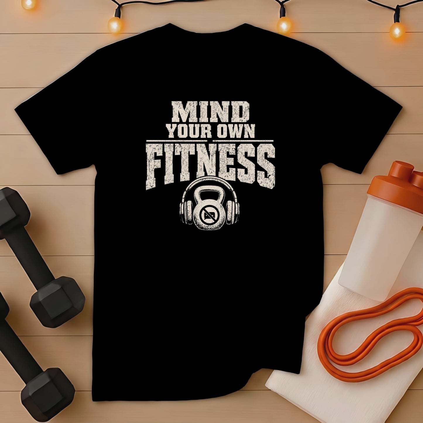 Black t-shirt with "Mind Your Own Fitness" text and kettlebell headphones graphic.
