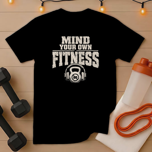 Black t-shirt with "Mind Your Own Fitness" text and kettlebell headphones graphic.