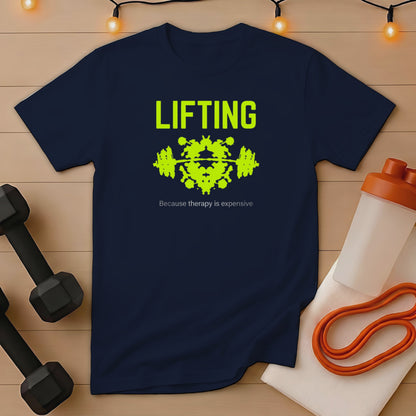Navy t-shirt with "LIFTING" and a barbell silhouette, next to dumbbells and workout gear.