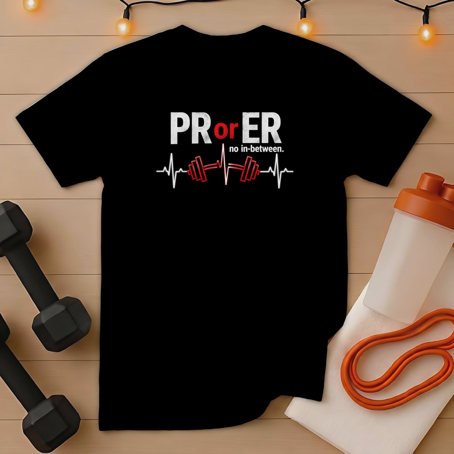 Black t-shirt with white and red text "PR or no in-between." and a heartbeat/barbell graphic.