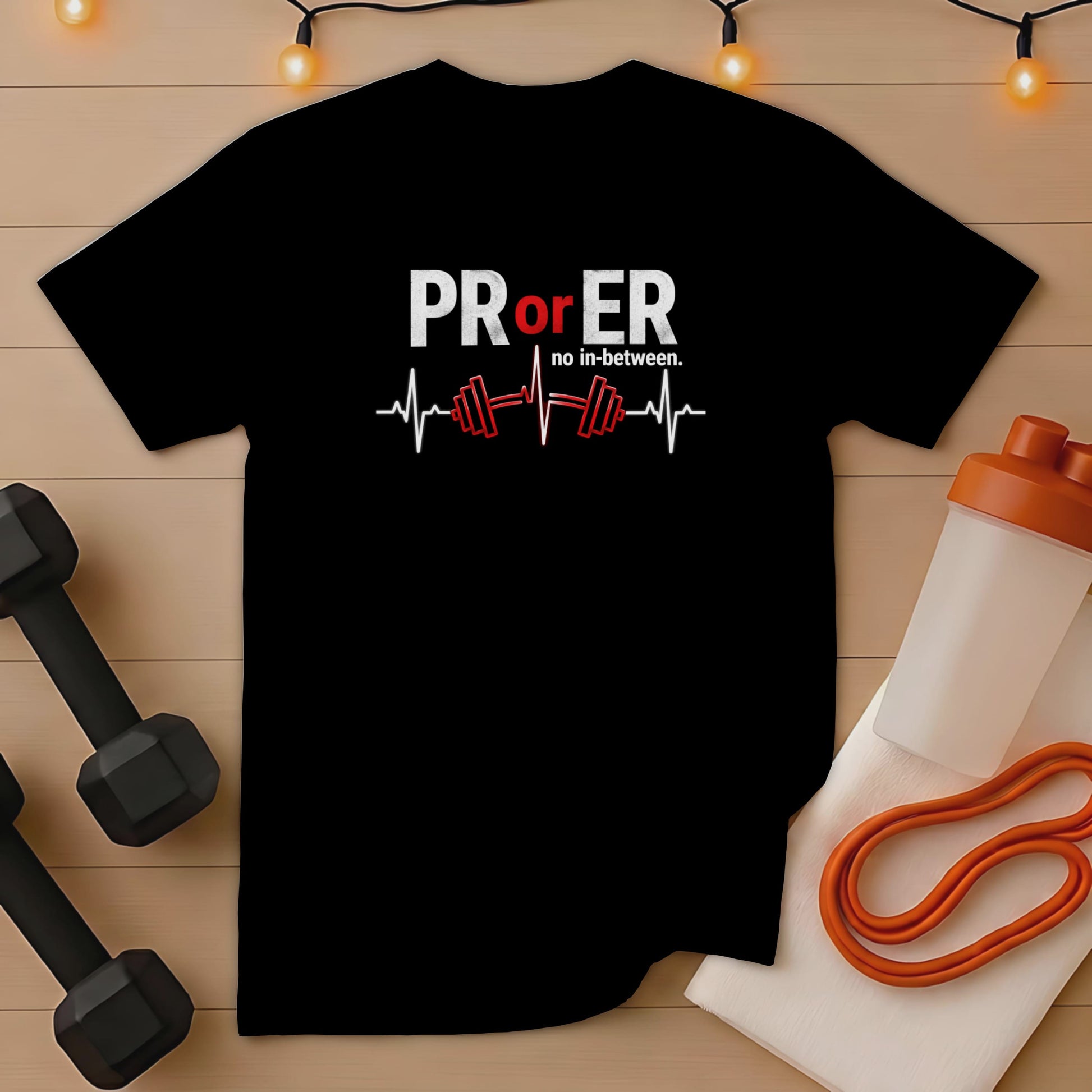 Black t-shirt with white and red text "PR or no in-between." and a heartbeat/barbell graphic.